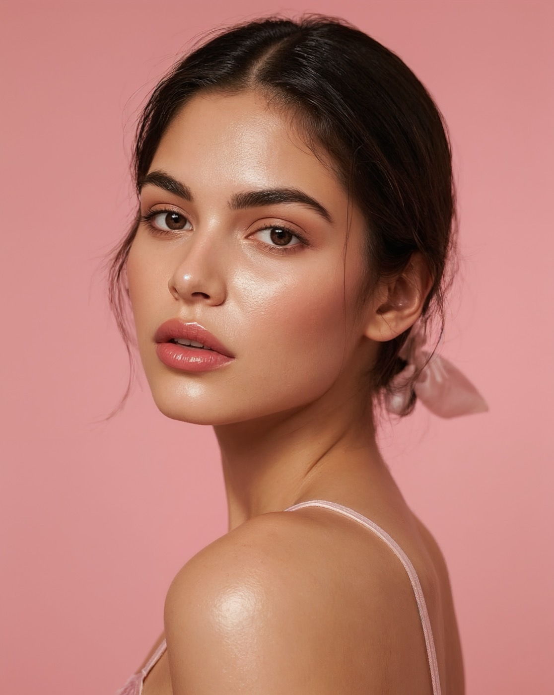 Retrato editorial: mujer mexicana joven, luz de mañana, muro turquesa